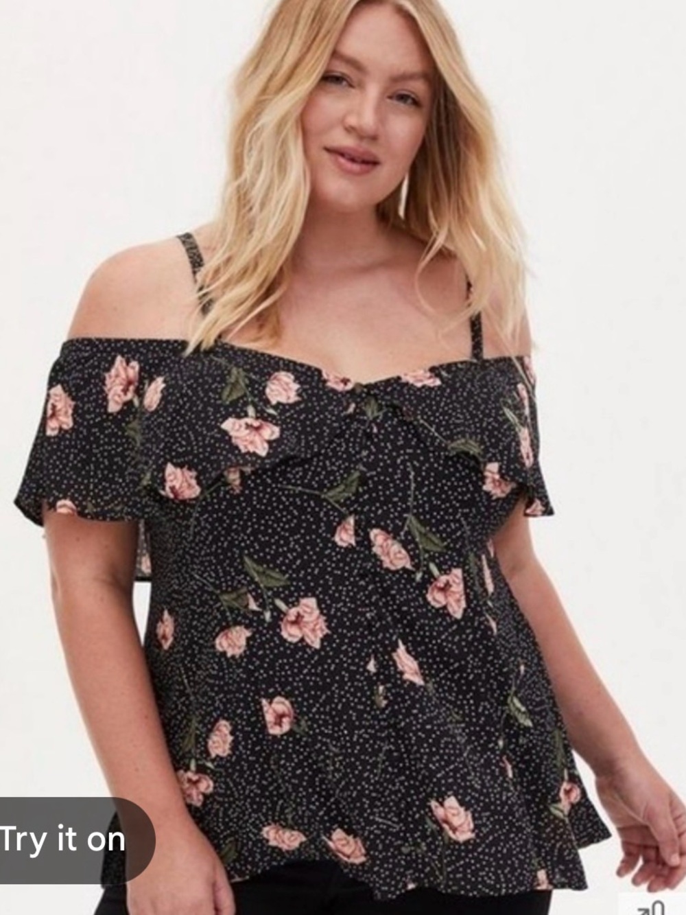 Torrid Cold-Shoulder Floral Swing Top - Black with Pink Rose Print size 1